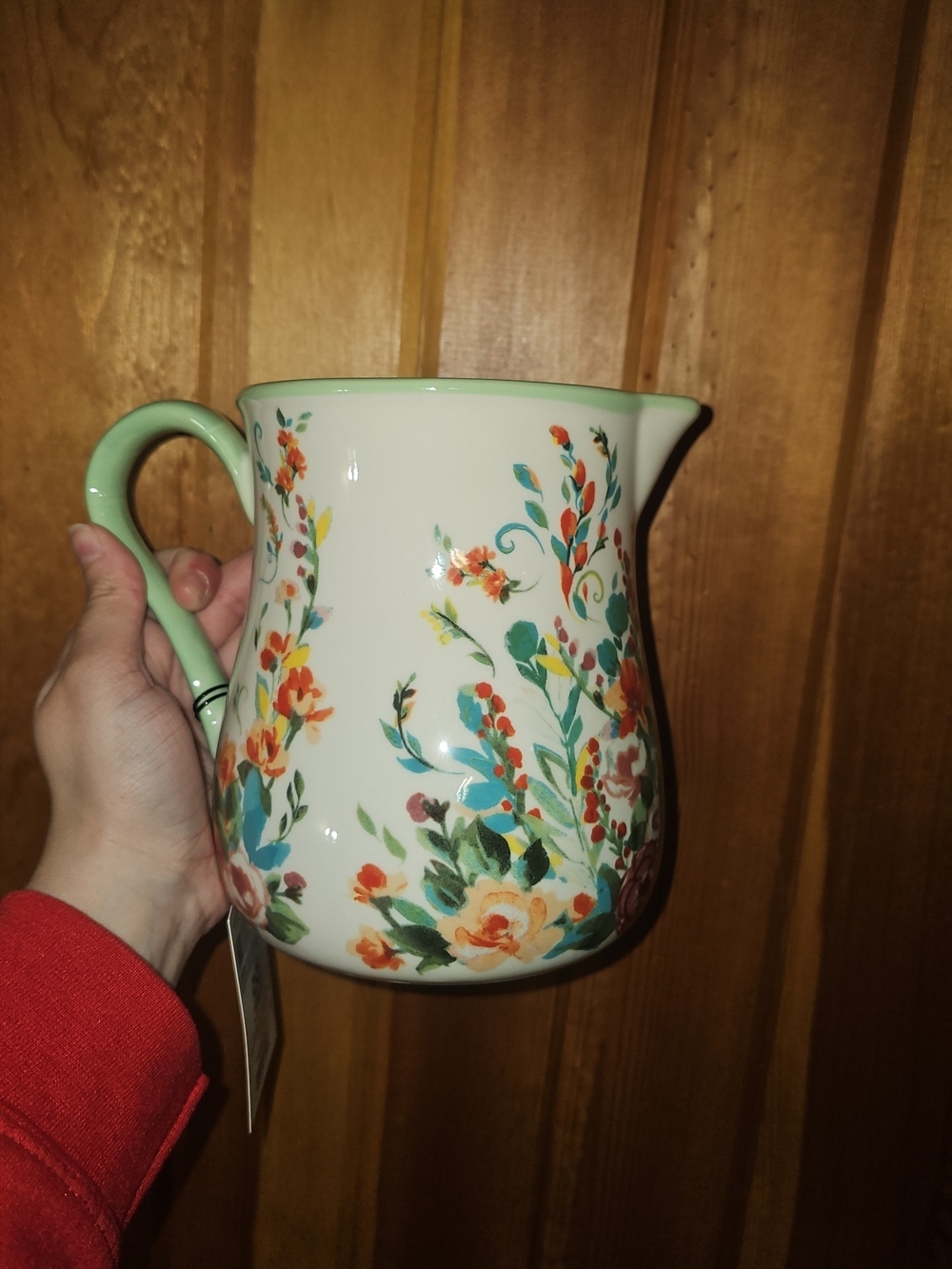 The Pioneer Woman Cream Ceramic Floral Pitcher with Green Handle